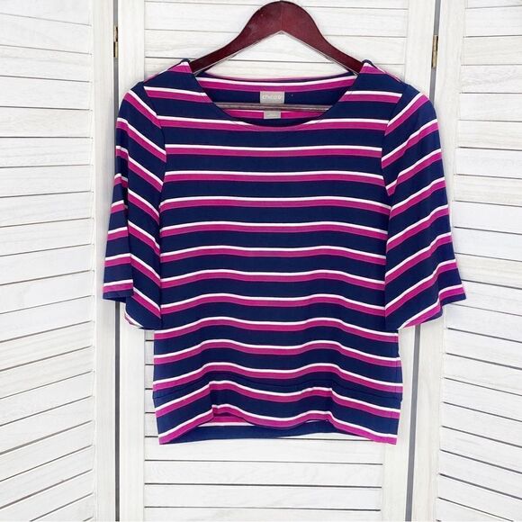 Chico’s Striped Flare Sleeve Knit Shirt Blue Pink 0 Small 4 - Picture 8 of 12